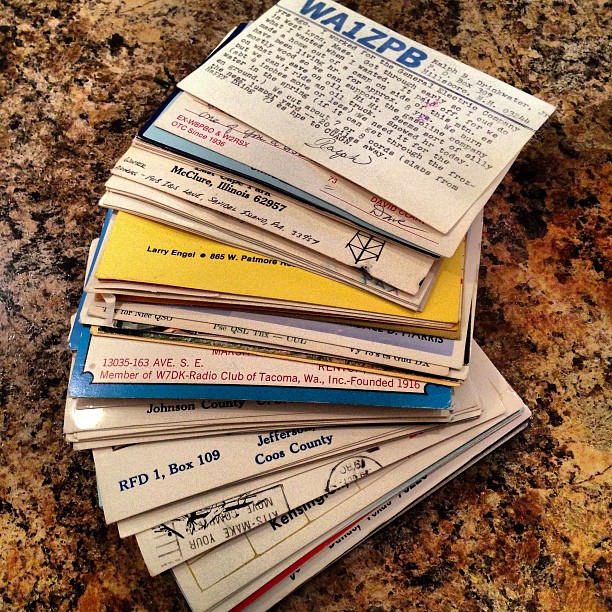 Pile of QSL cards from my bro-in-law’s ham days; 1980.